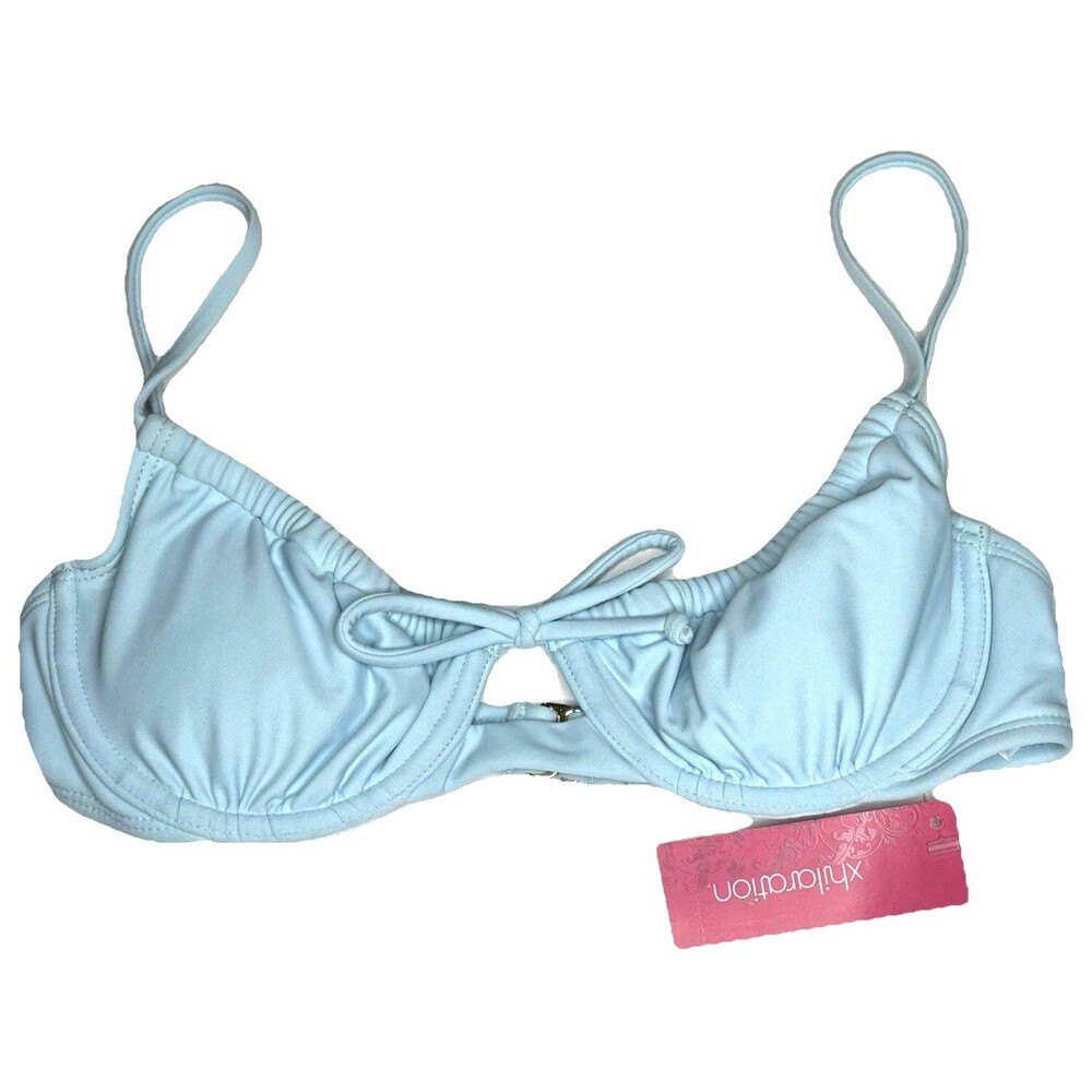 Xhiliration Junior's Women's Blue Shirred Underwire Adjustable Bikini Top New!